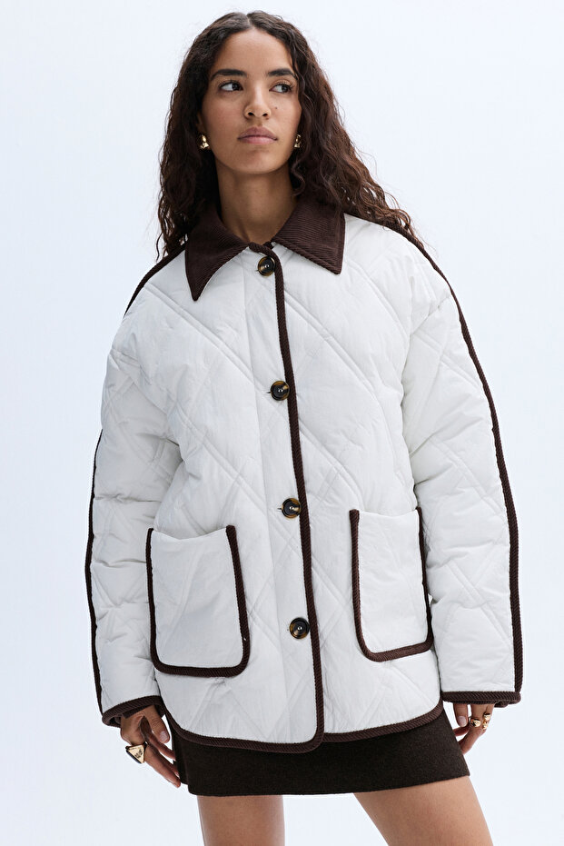 Women's Ecru Velvet Collar Quilted Puffer Coat