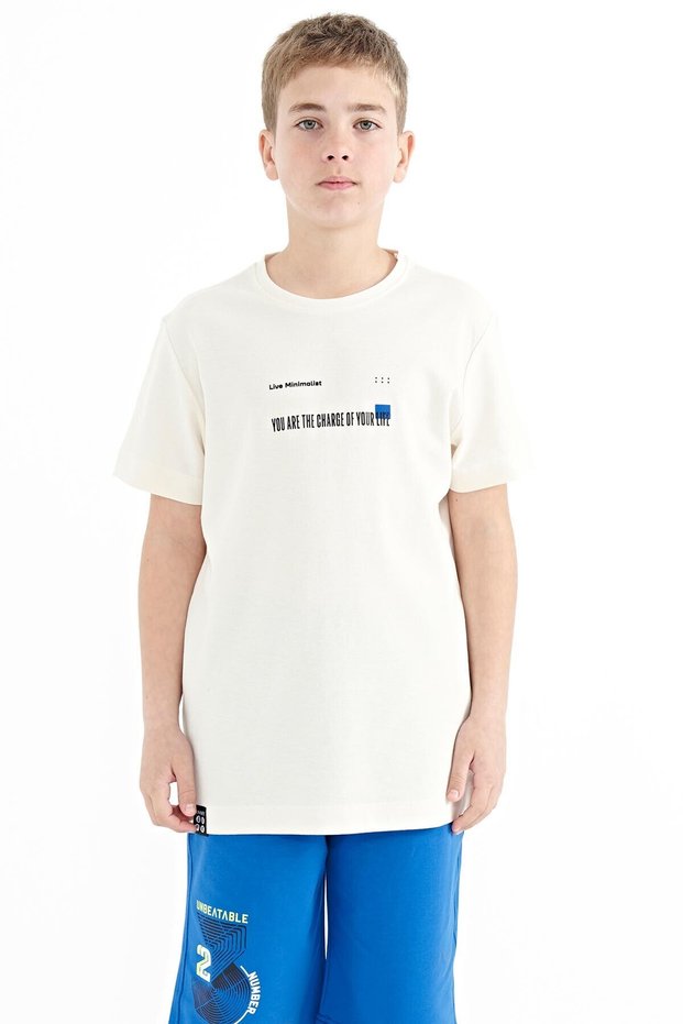 Ecru Print Detailed O Neck Standard Fit Boys T-Shirt - 11117