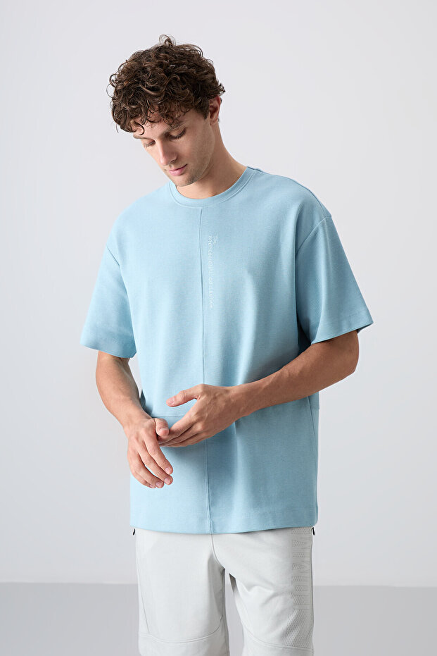 Light Blue Cotton Thick Surface Textured Oversize Fit Basic Men's T-Shirt - 88337