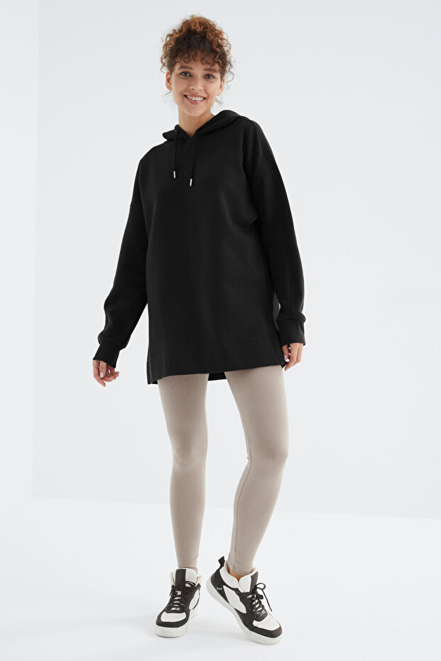 Siyah Reglan Kol Basic Kapüşonlu Oversize Sweatshirt Tunik - 97242 - 6
