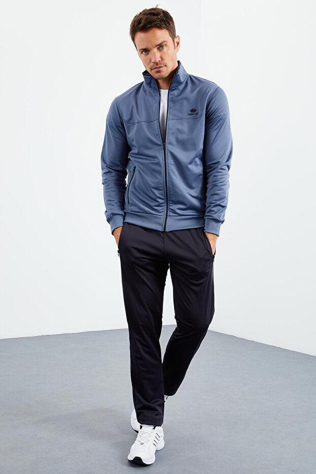 Petrol - Navy Blue Stand Collar Zippered Standard Fit Classic Leg Men's Tracksuit Set - 85162