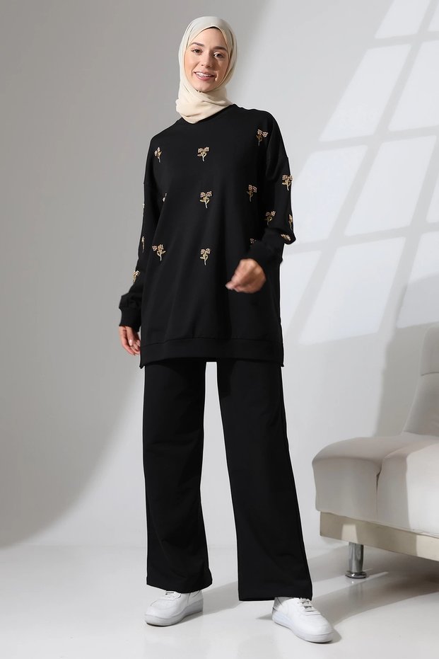 Women's Black Seasonal Combed Cotton Bottom Top Sports and Comfortable Hijab Suit