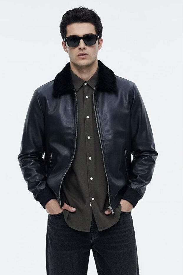 Men's Fur-Trimmed Collar Fur-Lined Slim-Fit Leather Jacket