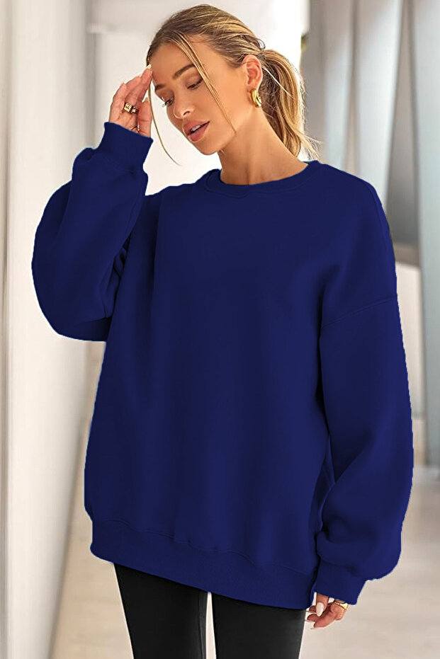 Kadın Bisiklet Yaka Basic Oversize Sweatshirt SAKS MAVİ - 2