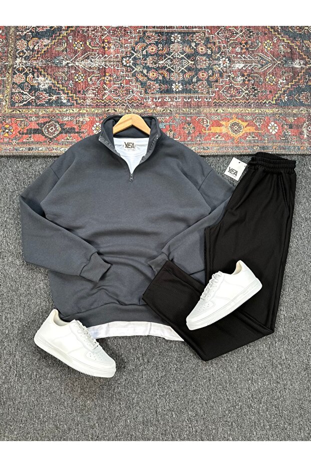 Three Thread Plain D Mock Neck Half Zipper Sweat and Ottoman Fabric Pants Set of 2