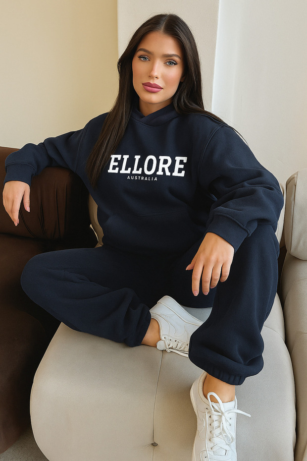 طقم ملابس رياضية من Ellore Australia سويت شيرت جوجر - أزرق داكن مطبوع قصة فضفاضة مبطن بالصوف بغطاء رأس