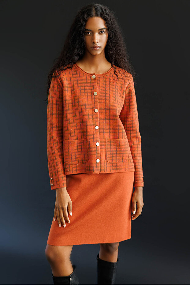 Kadın Triko Düz Basic Etek Kiremit - 7