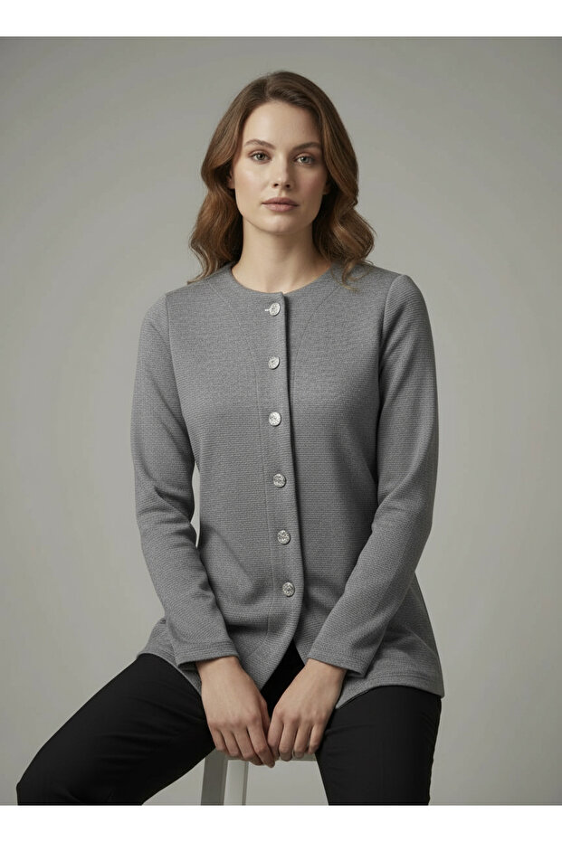 Dutse Women's Stylish Buttoned Round Neck Ottoman Jacket & Coat & Cardigan - Smoked