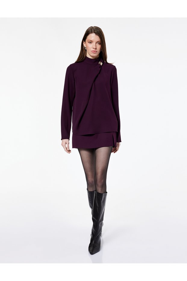 Metal-Accented Asymmetrical Neck Long Sleeve Blouse