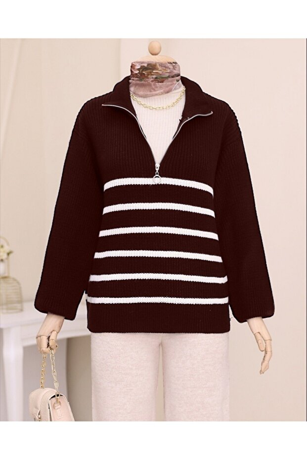 Seitlich gestreifter Strickpullover mit halbem Reißverschluss - 3