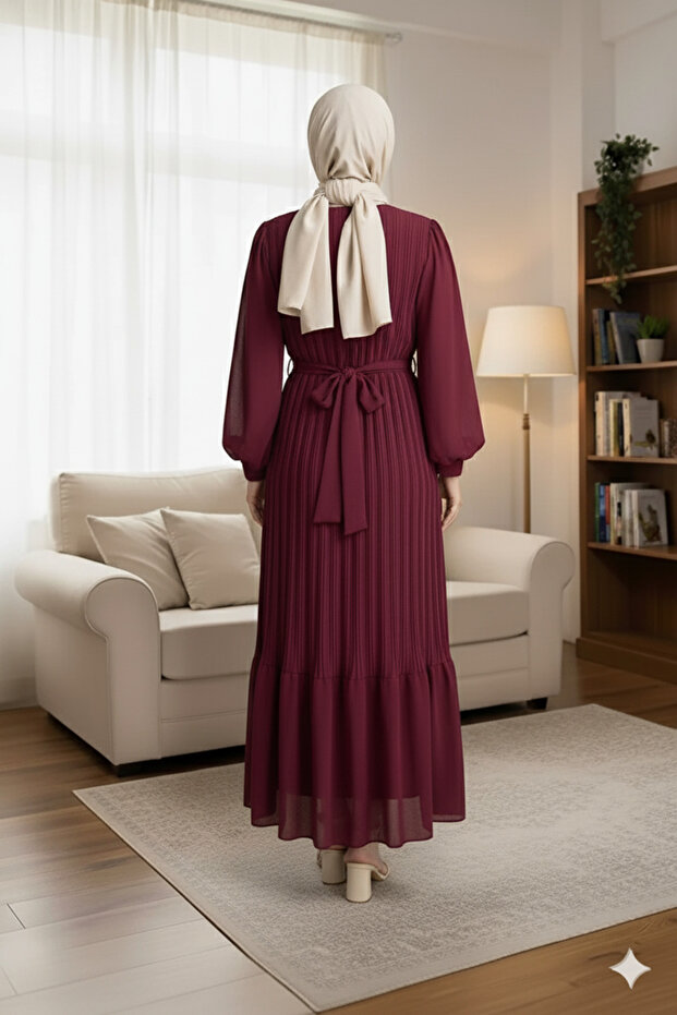 Piliseli Şifon Elbise - 6