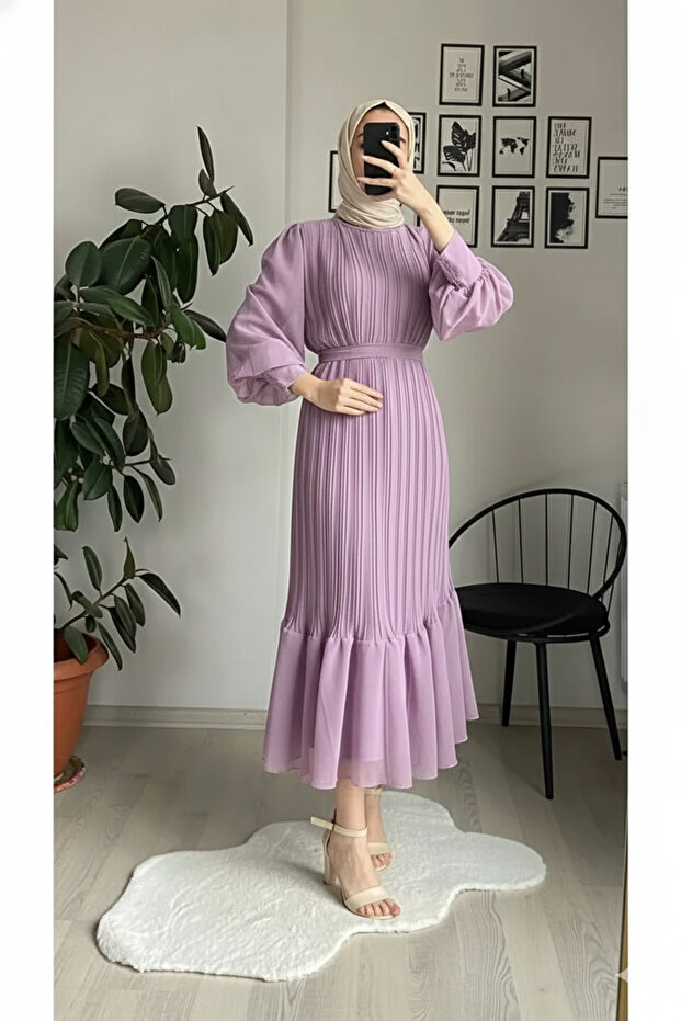 Chiffon Pleated Dress Lila