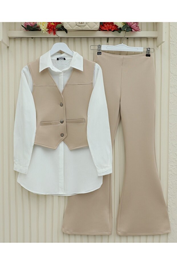 İspanyol Paça Scuba Pantolon -Bej - 2