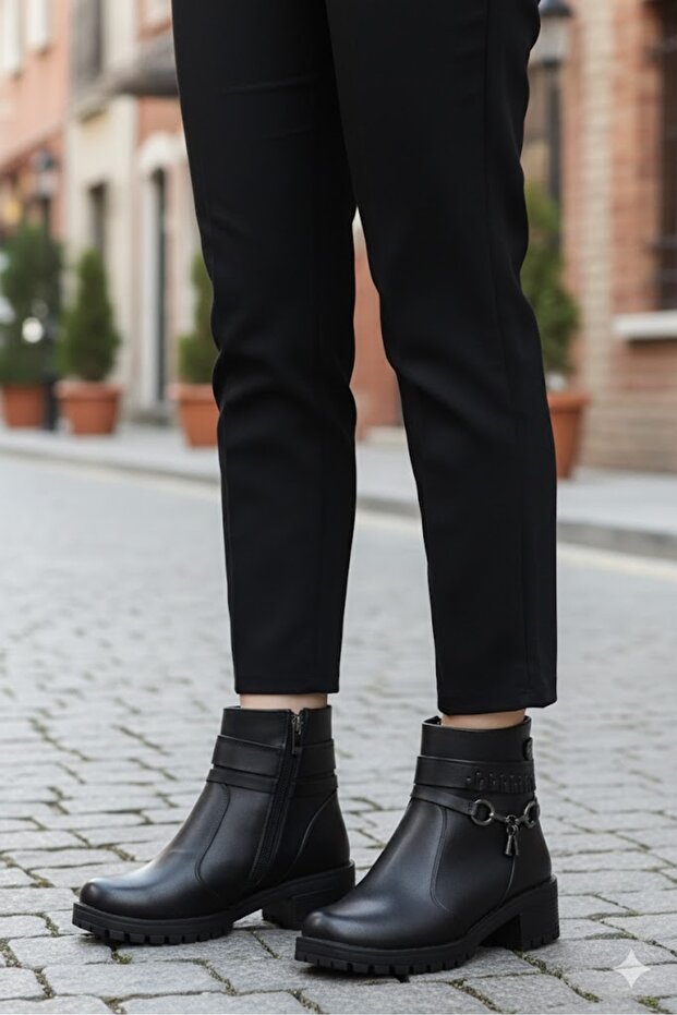 42829 Black Genuine Leather Women's Boots with Fur Inside and Non-Slip Sole