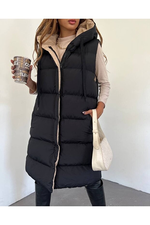 Kapşonlu Çift Taraflı Şişme Yelek -Siyah - 3
