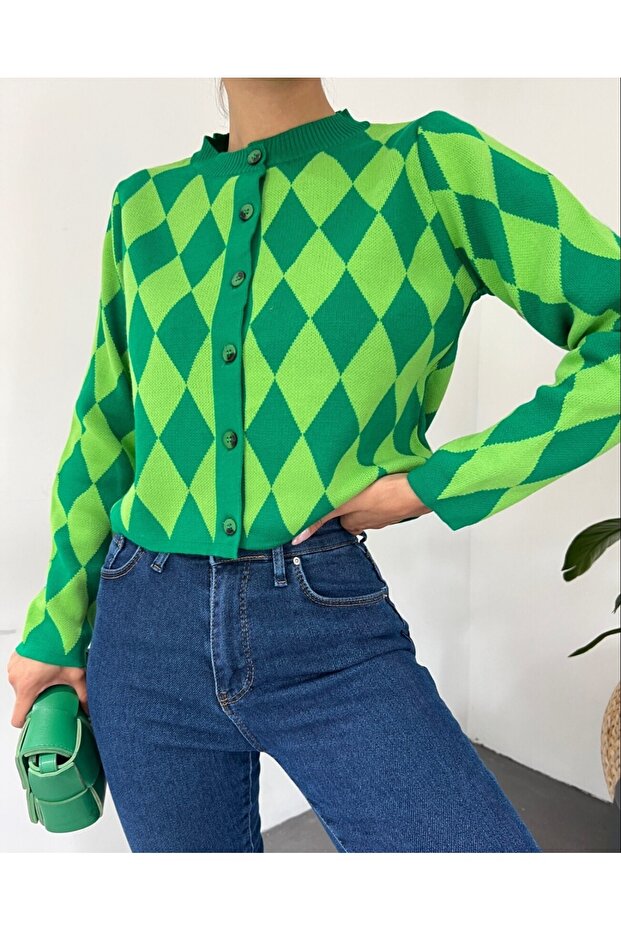 طاقم الرقبة زرر سترة نمط الماس - 4