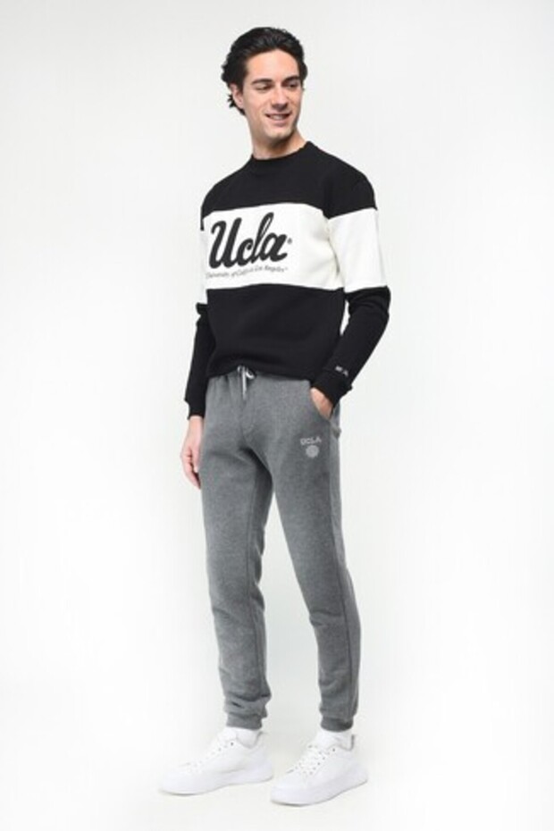 Luskin Dark Gray Slim Fit Cotton Printed Standard Fit Men's Sweatpants with Elastic Cuffs