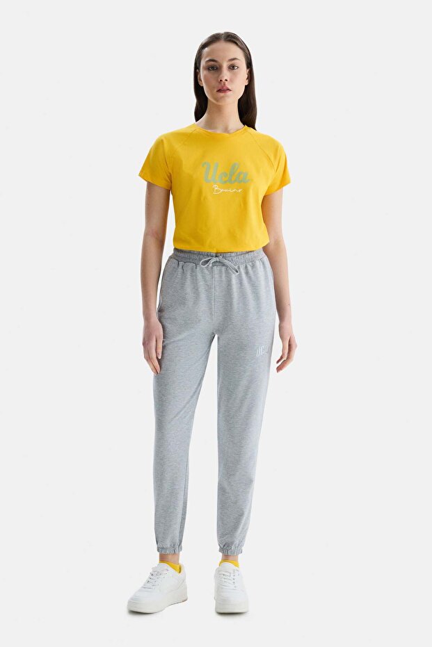 Jezebel Gray Elastic Cuffed Embroidered 100% Cotton Standard Fit Women's Sweatpants