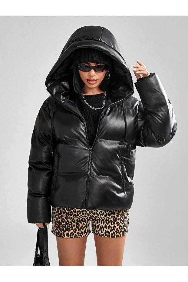 Women's Black Hooded Puffer Faux Leather Coat