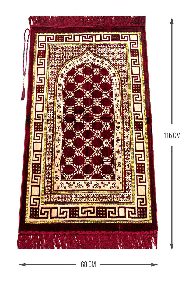 Luxury Velvet Prayer Rug with Prayer Beads Gift Red