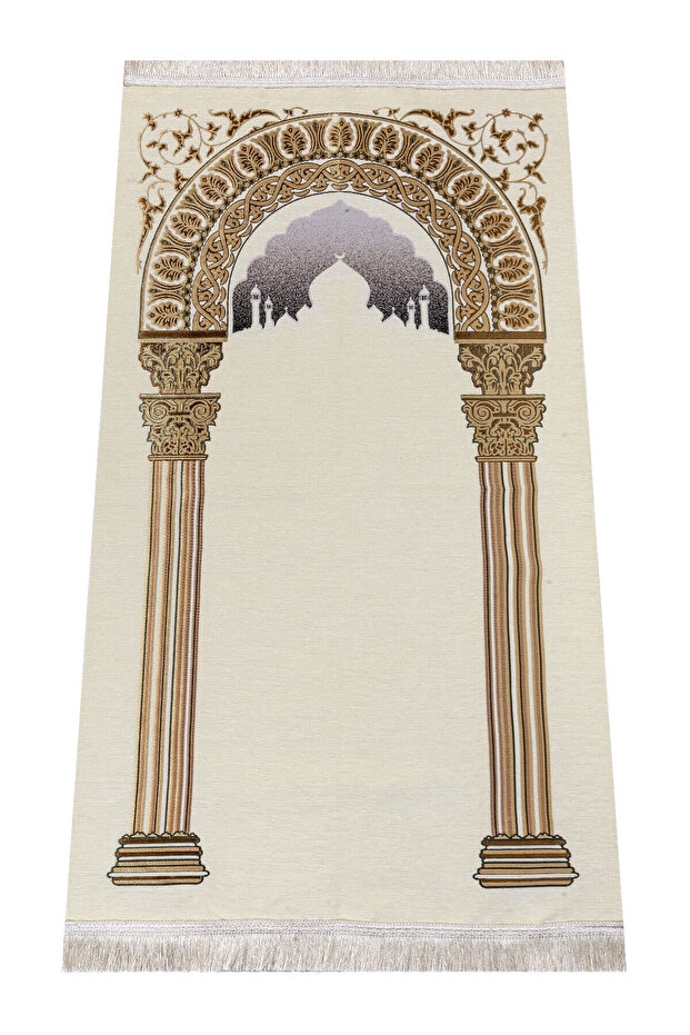 سجادة صلاة من الشنيل بتصميم تاج محل - لون كريمي