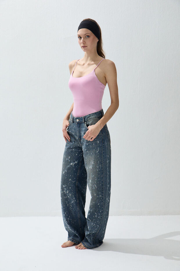 Women's pink color strap snap-on bodysuit