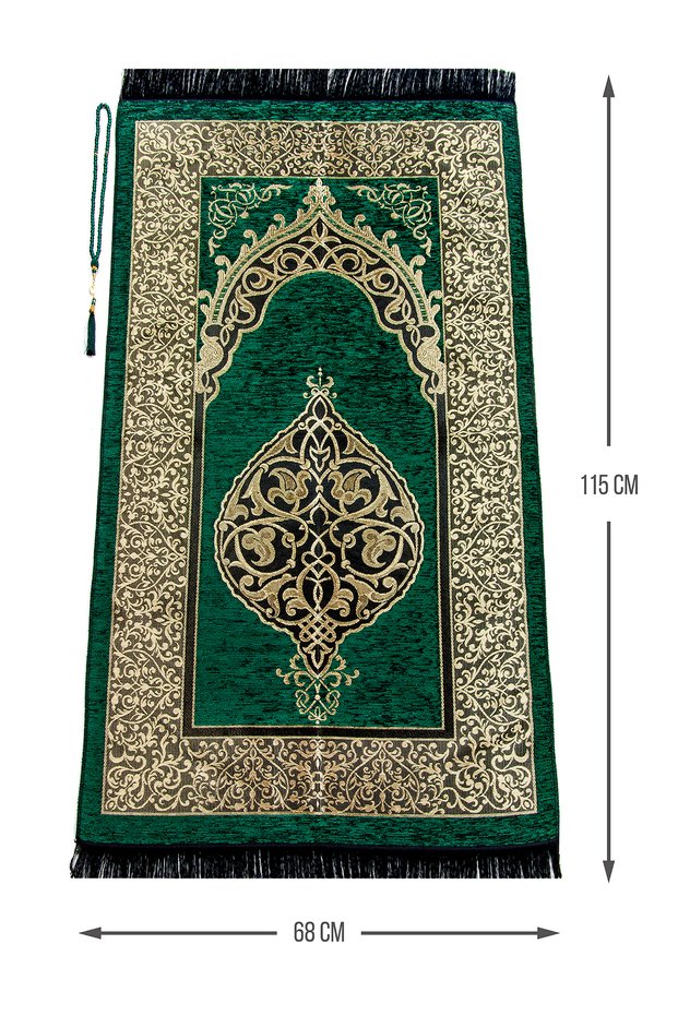 Luxury Ottoman Chenille Prayer Rug with Rosary Gift Green