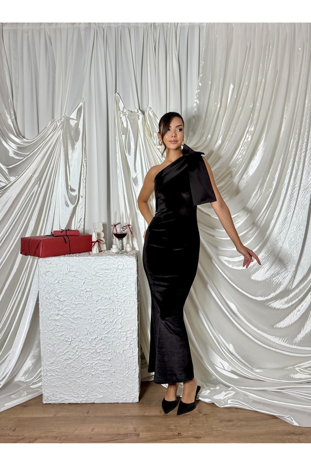 Satin Bow Skirt Slit Velvet Women's Silvera Dress