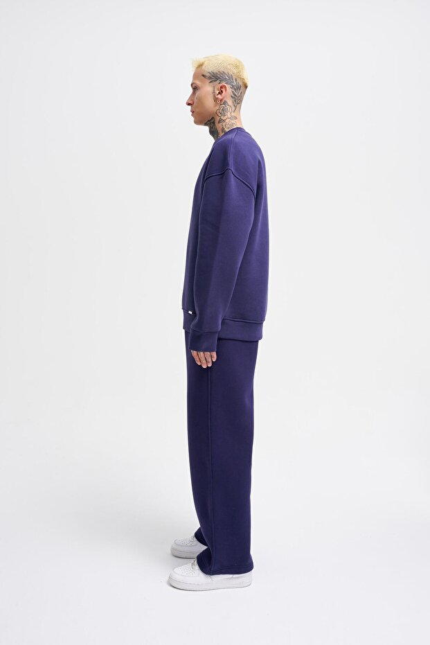 Erkek Basic Bisiklet Yaka Oversize Lacivert Sweatshirt - 5