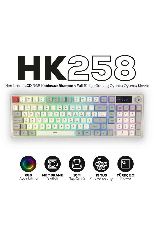 Hawk Gaming Chair HK258 Membrane LCD RGB Kablosuz/Bluetooth Kırmızı Haki Full Türkçe Gaming Oyuncu Klavye