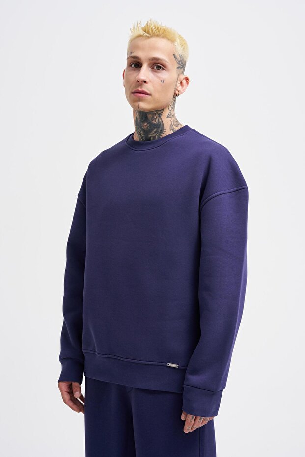Erkek Basic Bisiklet Yaka Oversize Lacivert Sweatshirt - 1