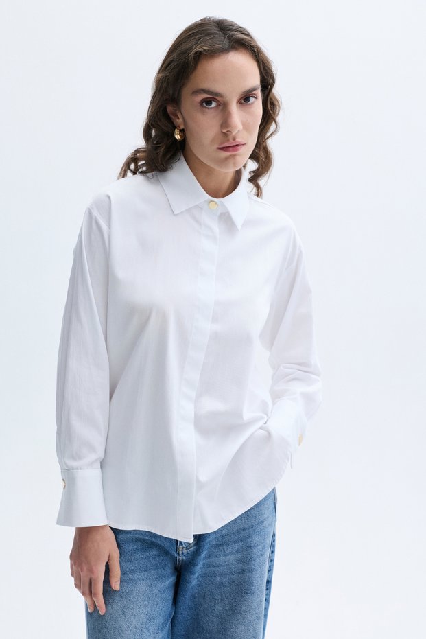 Women's White Hidden Button Long Sleeve Shirt