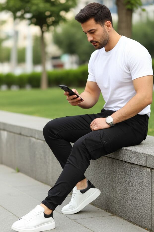 Erkek Basic Kargo Cepli Lastikli Paça Siyah Pantolon - 6