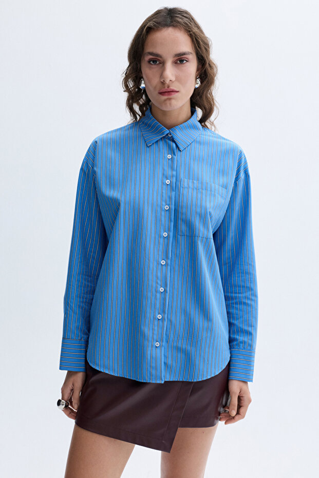 Women's Blue Striped Long Sleeve Shirt with Pockets
