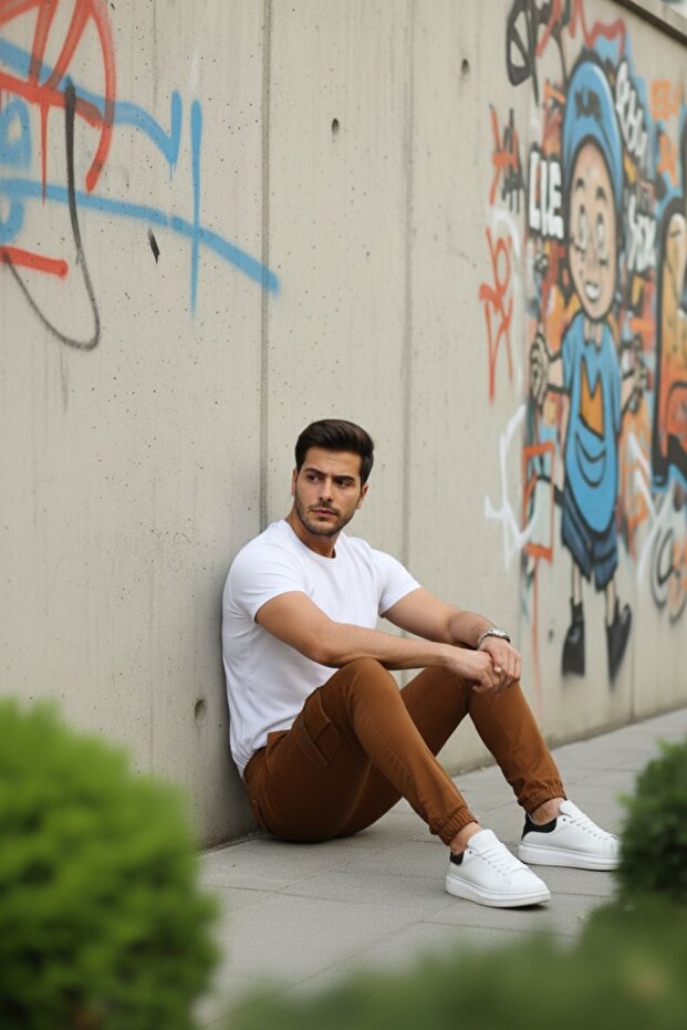 Erkek Basic Kargo Cepli Lastikli Paça Camel Pantolon - 4