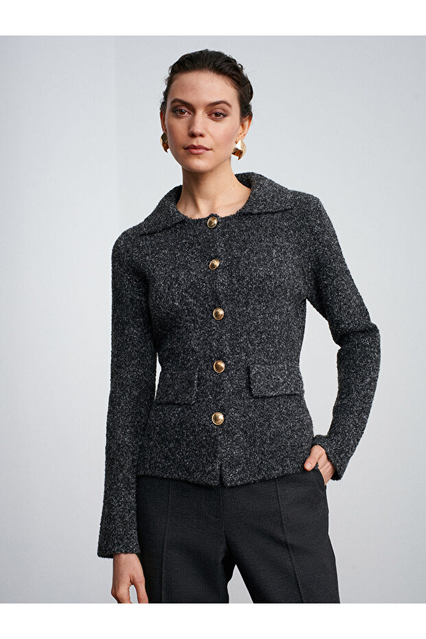 60265 Polo Collar Buttoned Pocket Detailed Knitwear Cardigan