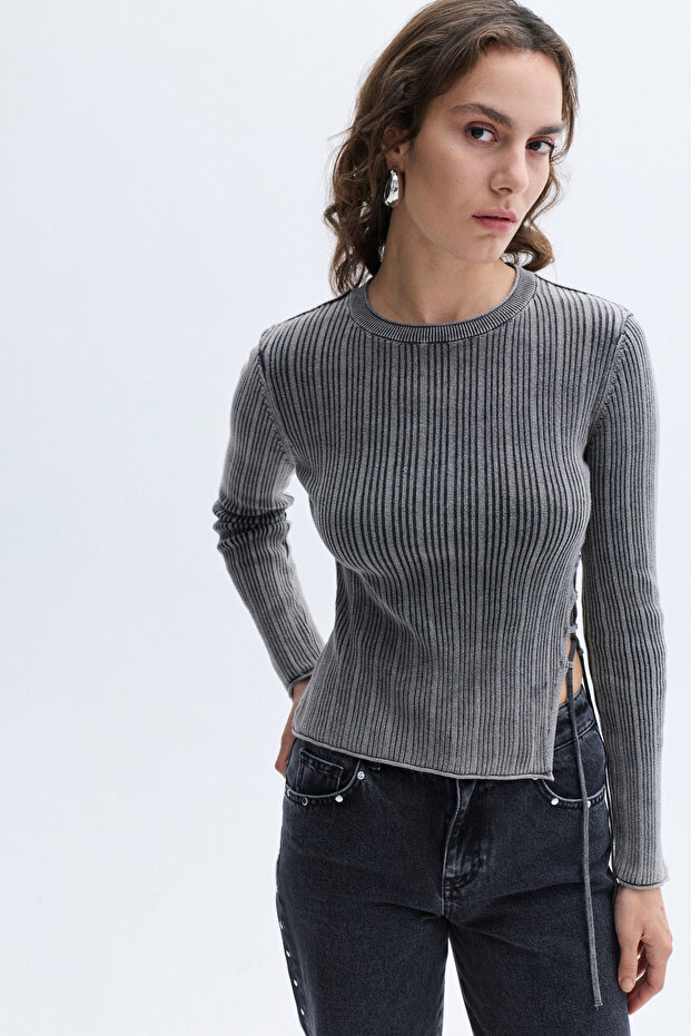 Women's Anthracite Fitted Sweater with Tie Detail