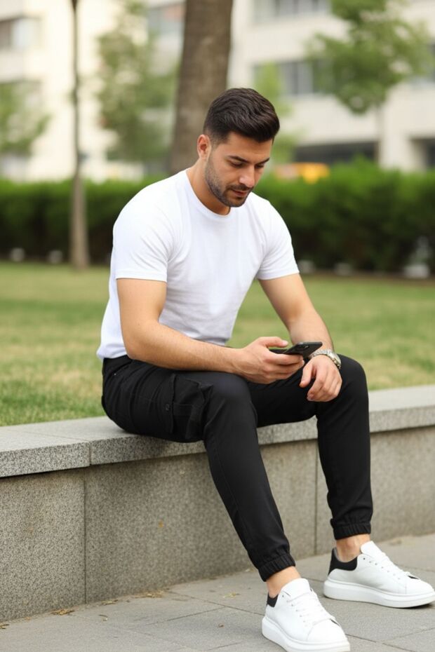 Erkek Basic Kargo Cepli Lastikli Paça Siyah Pantolon - 5