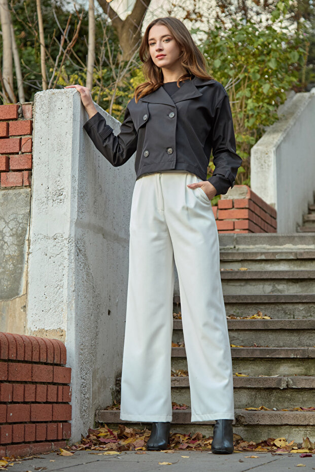 معطف قصير ذو ياقة بأزرار على الجهتين بأزرار أساسية - 2