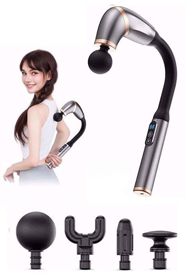 ® Long Handle Deep Tissue Massage Gun with 4 Different Heads, Ergonomic for Neck, Shoulder and Back