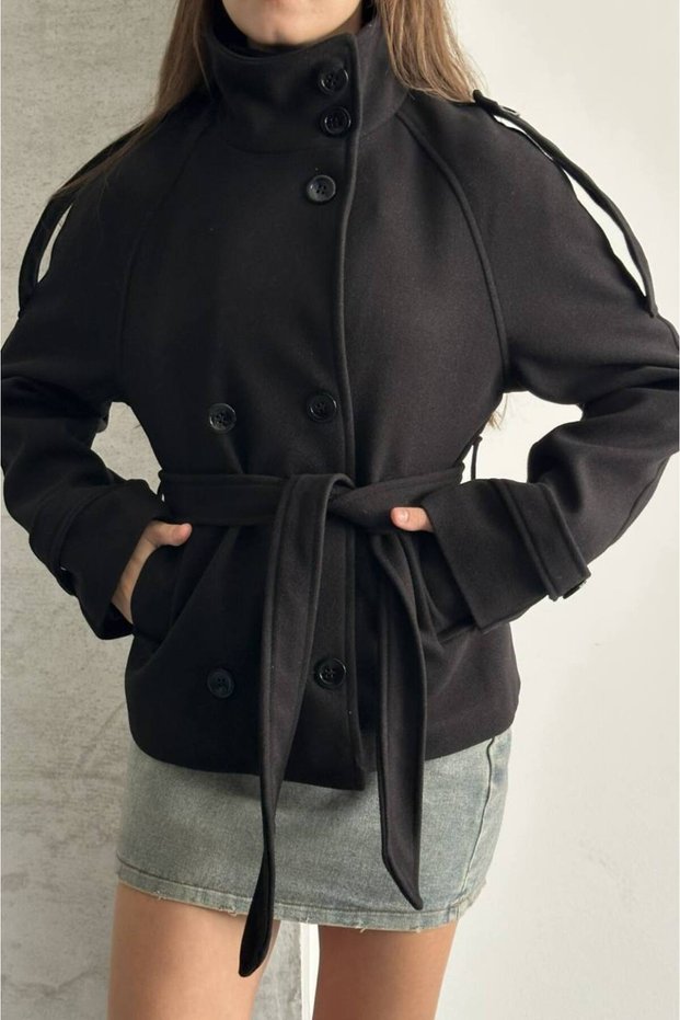 Women's Belted Pocketed Tie-Detail Mock Neck Melton Coat