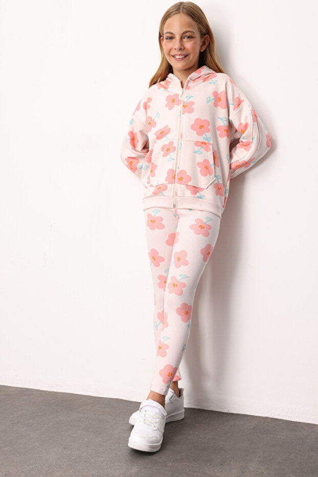 Powder Patterned Hooded Girls' Tracksuit Set - Nell