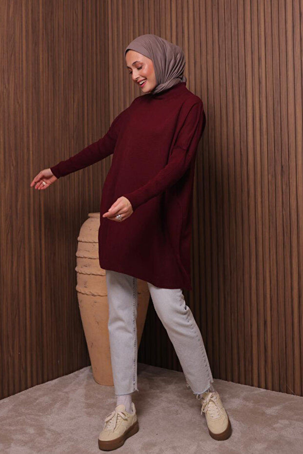 Kadın Dik Yaka Basic 80cm Salaş Oversize Triko Tunik 1145 - 6