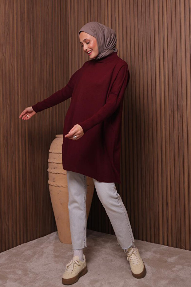Kadın Dik Yaka Basic 80cm Salaş Oversize Triko Tunik 3132 - 6