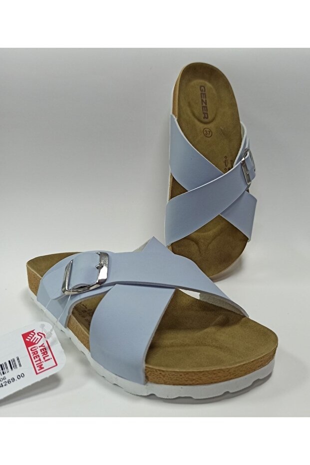 Birken Model Anatomical Sole Adjustable Cross Banded Ice Blue Unisex Daily Slippers