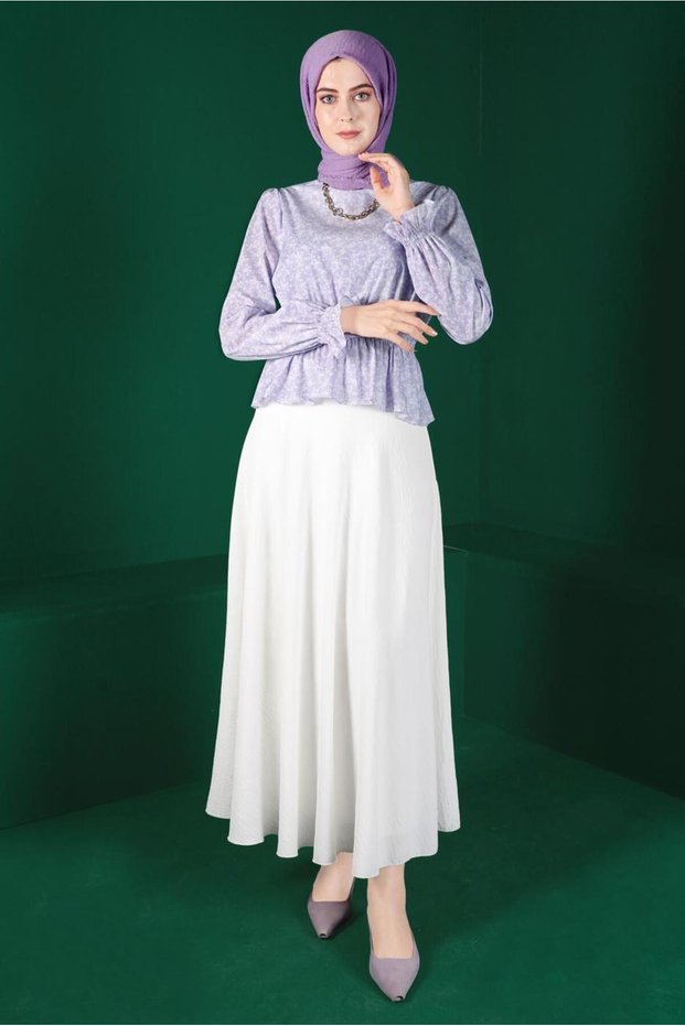 Flowered Blouse with Elasticated Waist and Sleeves 42888