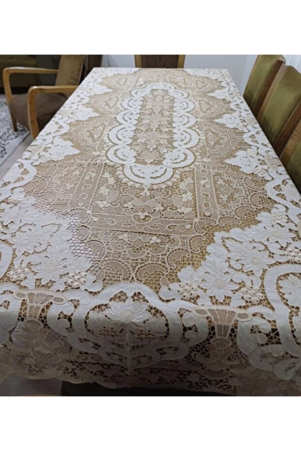 Lace Anglez Fabric Tablecloth Beige (Machine Made)