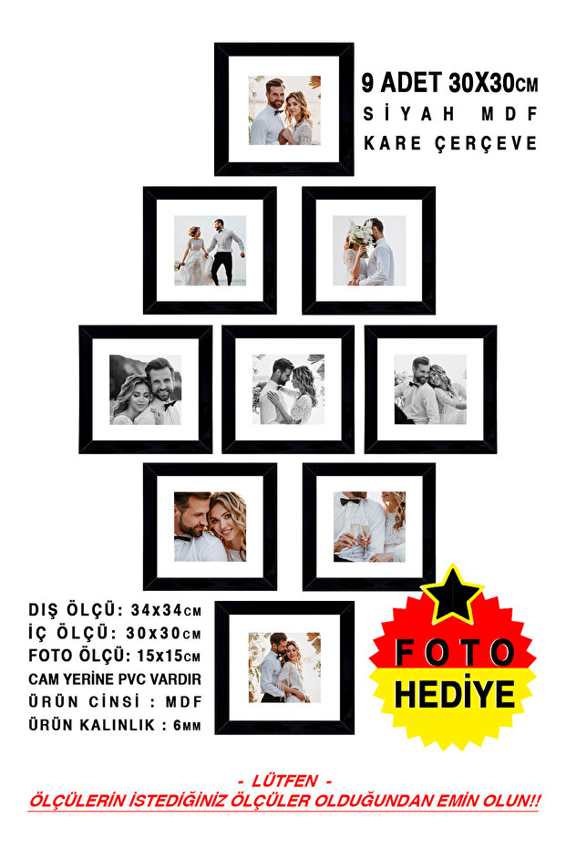 9 قطع إطار 30x30 - إطار مربع - إطار أسود MDF - مجموعة إطارات صور متعددة
