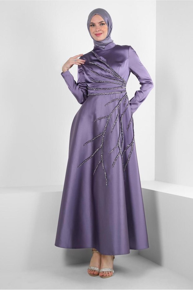 BEAD EMBROIDERED SATIN EVENING DRESS 50357