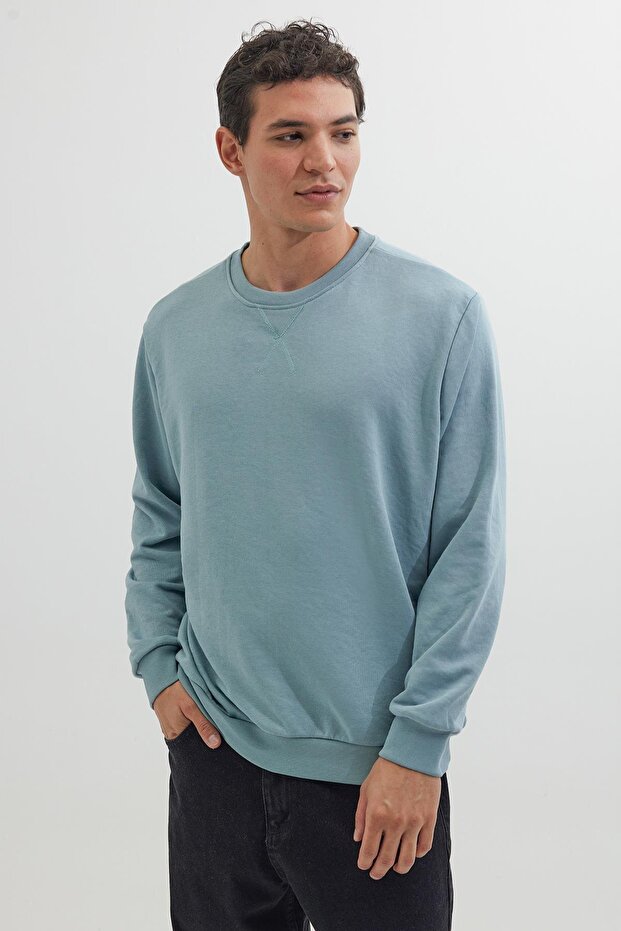 Unisex Oversize Wide Cut 100% Cotton Basic Blue Crew Neck Sweatshirt